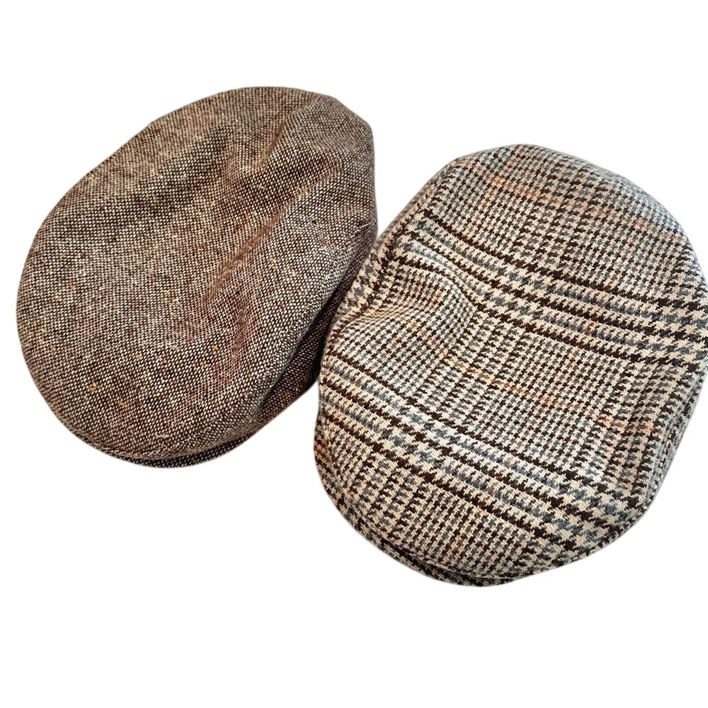 Vintage Set of 2 Wool Jeff Hats Men's Size 7 Brown Plaid Herringbone Preppy